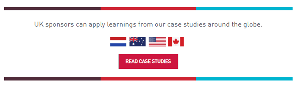Text about UK sponsors applying learnings from case studies worldwide, with flags of Netherlands, Australia, USA, and Canada. Button below reads: "Read Case Studies.